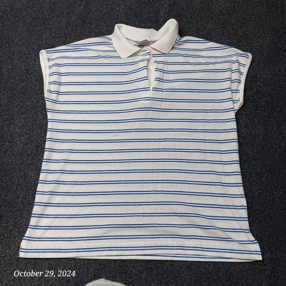 Vintage White Stag Polo Shirt Women Large White With Blue Stripes‎ Collared